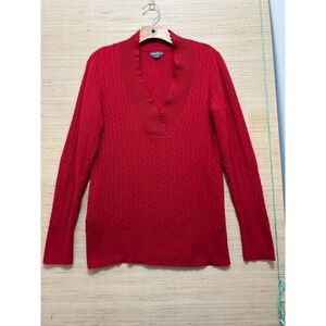 Eddie Bauer Red Cable Knit Scalloped V-Neck Sweater Womens Tall TL Long Sleeve